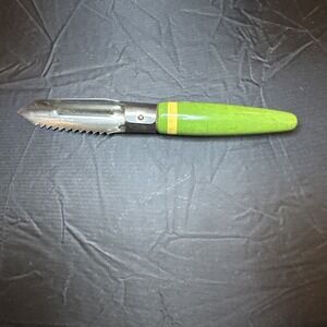 Vintage A&J Green Wood Handle Apple Peeler Corer Stainless Steel Made In USA HTF